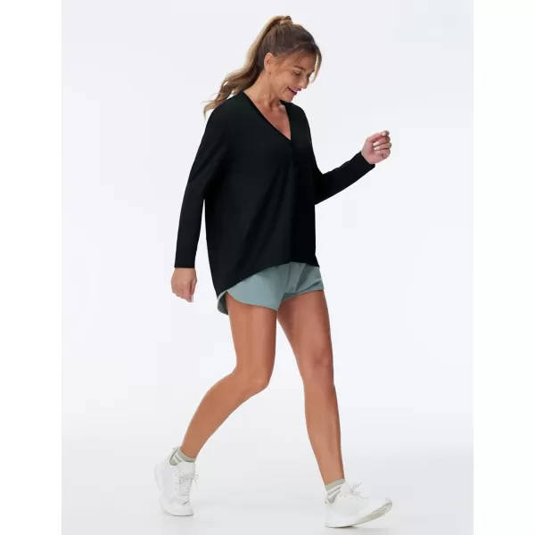 THE GYM PEOPLE Womens Long Sleeve Workout Shirts Loose Fit VNeck Running TShirts Tops with Thumb HoleBlack
