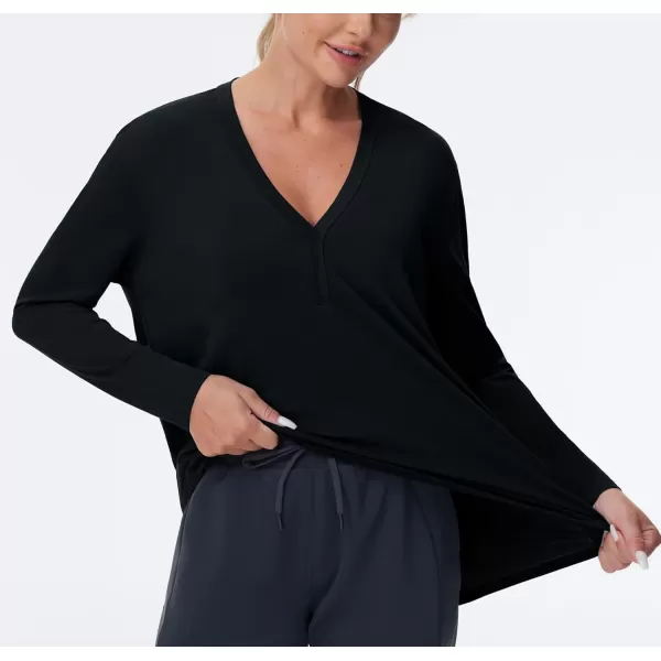 THE GYM PEOPLE Womens Long Sleeve Workout Shirts Loose Fit VNeck Running TShirts Tops with Thumb HoleBlack