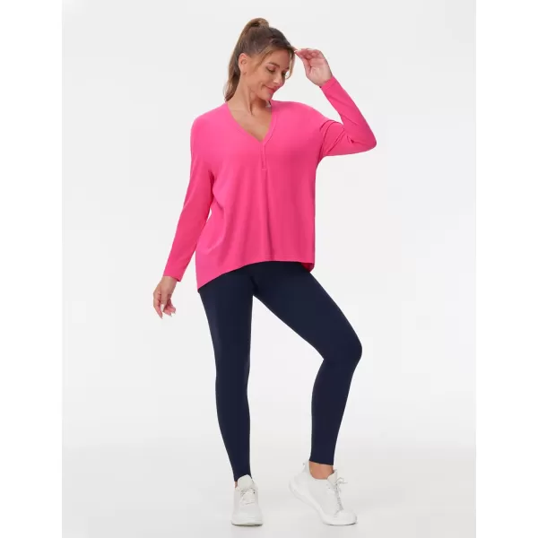 THE GYM PEOPLE Womens Long Sleeve Workout Shirts Loose Fit VNeck Running TShirts Tops with Thumb HoleBright Pink