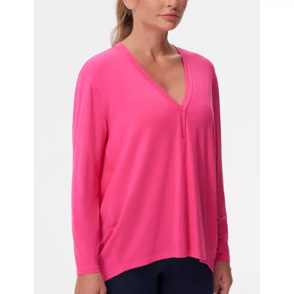 THE GYM PEOPLE Womens Long Sleeve Workout Shirts Loose Fit VNeck Running TShirts Tops with Thumb HoleBright Pink