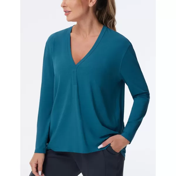 THE GYM PEOPLE Womens Long Sleeve Workout Shirts Loose Fit VNeck Running TShirts Tops with Thumb HoleDark Blue Green