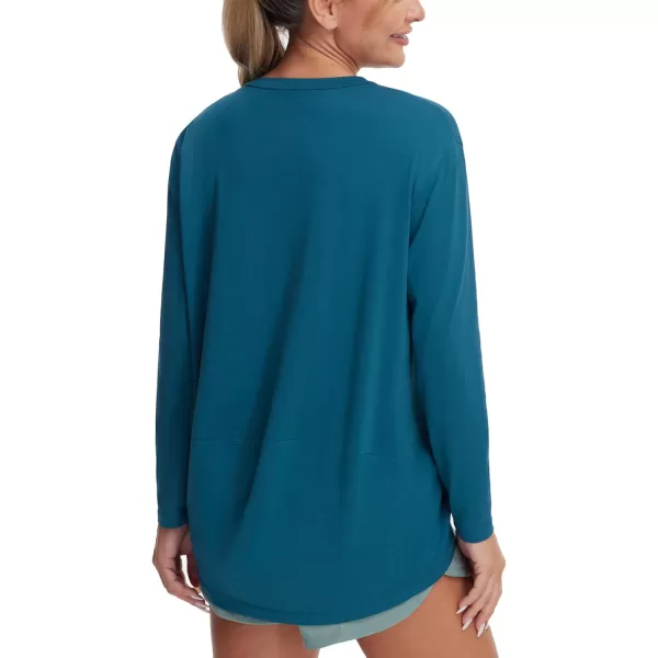 THE GYM PEOPLE Womens Long Sleeve Workout Shirts Loose Fit VNeck Running TShirts Tops with Thumb HoleDark Blue Green