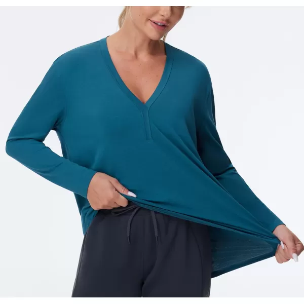 THE GYM PEOPLE Womens Long Sleeve Workout Shirts Loose Fit VNeck Running TShirts Tops with Thumb HoleDark Blue Green
