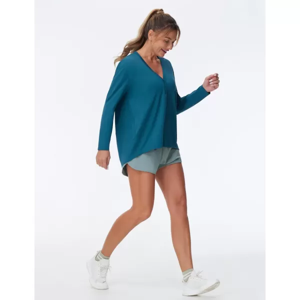 THE GYM PEOPLE Womens Long Sleeve Workout Shirts Loose Fit VNeck Running TShirts Tops with Thumb HoleDark Blue Green