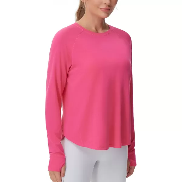 THE GYM PEOPLE Womens Long Sleeve Workout Shirts Side Slits Athletic Yoga Tee Tops with Thumb HoleBright Pink