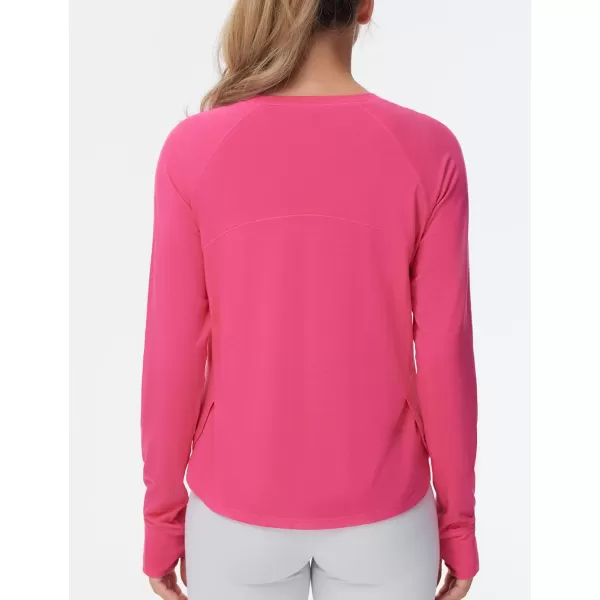 THE GYM PEOPLE Womens Long Sleeve Workout Shirts Side Slits Athletic Yoga Tee Tops with Thumb HoleBright Pink