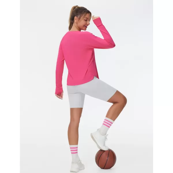 THE GYM PEOPLE Womens Long Sleeve Workout Shirts Side Slits Athletic Yoga Tee Tops with Thumb HoleBright Pink