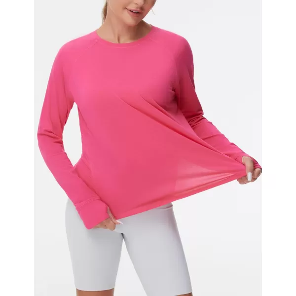 THE GYM PEOPLE Womens Long Sleeve Workout Shirts Side Slits Athletic Yoga Tee Tops with Thumb HoleBright Pink