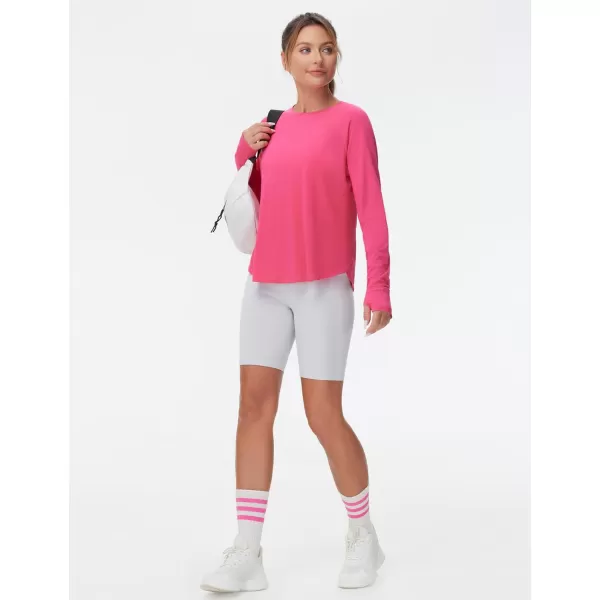 THE GYM PEOPLE Womens Long Sleeve Workout Shirts Side Slits Athletic Yoga Tee Tops with Thumb HoleBright Pink