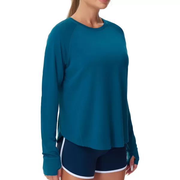THE GYM PEOPLE Womens Long Sleeve Workout Shirts Side Slits Athletic Yoga Tee Tops with Thumb HoleDark Blue Green