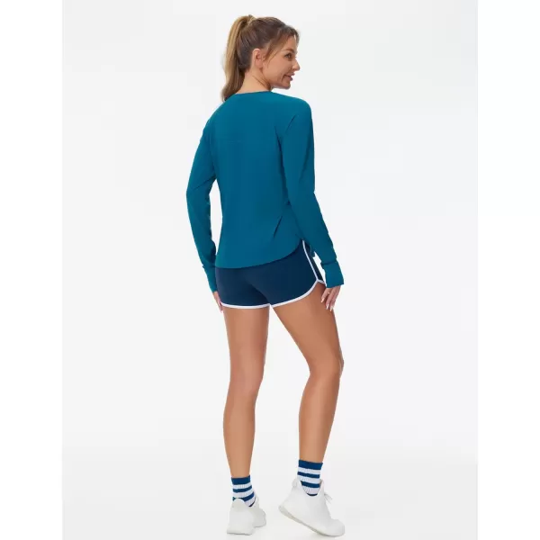 THE GYM PEOPLE Womens Long Sleeve Workout Shirts Side Slits Athletic Yoga Tee Tops with Thumb HoleDark Blue Green