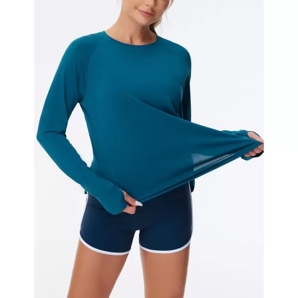 THE GYM PEOPLE Womens Long Sleeve Workout Shirts Side Slits Athletic Yoga Tee Tops with Thumb HoleDark Blue Green