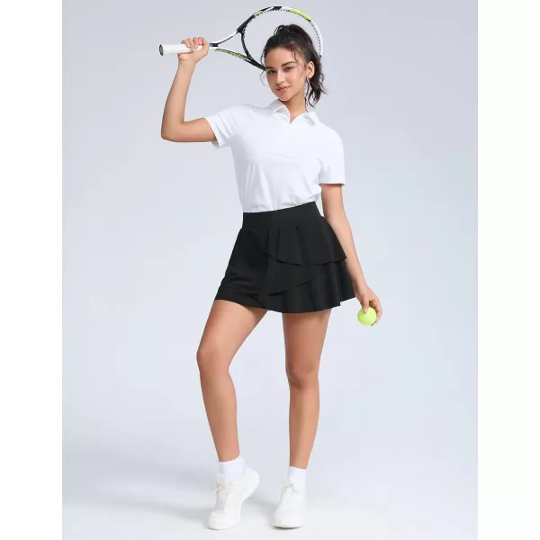 THE GYM PEOPLE Womens Tiered Petal Tennis Skirts Ruffle Golf Skorts Builtin Shorts with PocketsBlack
