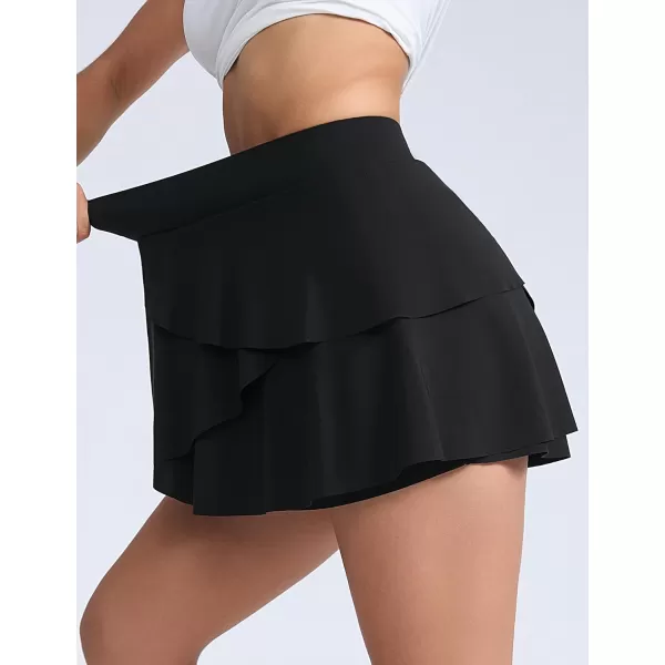 THE GYM PEOPLE Womens Tiered Petal Tennis Skirts Ruffle Golf Skorts Builtin Shorts with PocketsBlack