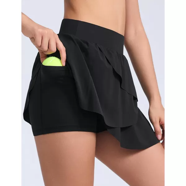 THE GYM PEOPLE Womens Tiered Petal Tennis Skirts Ruffle Golf Skorts Builtin Shorts with PocketsBlack
