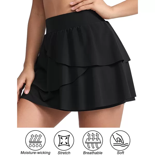 THE GYM PEOPLE Womens Tiered Petal Tennis Skirts Ruffle Golf Skorts Builtin Shorts with PocketsBlack