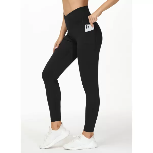 THE GYM PEOPLE Womens V Cross Waist Workout Leggings Tummy Control Running Yoga Pants with PocketsBlack