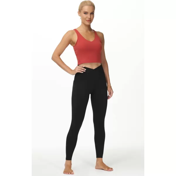 THE GYM PEOPLE Womens V Cross Waist Workout Leggings Tummy Control Running Yoga Pants with PocketsBlack