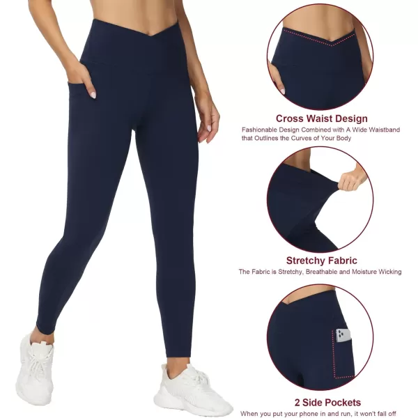 THE GYM PEOPLE Womens V Cross Waist Workout Leggings Tummy Control Running Yoga Pants with PocketsBlue