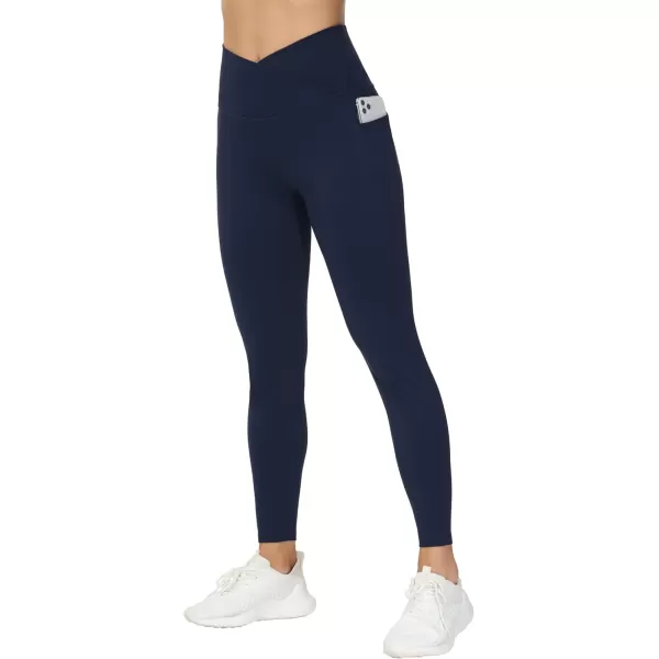 THE GYM PEOPLE Womens V Cross Waist Workout Leggings Tummy Control Running Yoga Pants with PocketsBlue