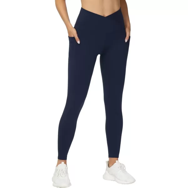 THE GYM PEOPLE Womens V Cross Waist Workout Leggings Tummy Control Running Yoga Pants with PocketsBlue