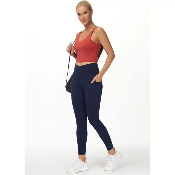 THE GYM PEOPLE Womens V Cross Waist Workout Leggings Tummy Control Running Yoga Pants with PocketsBlue