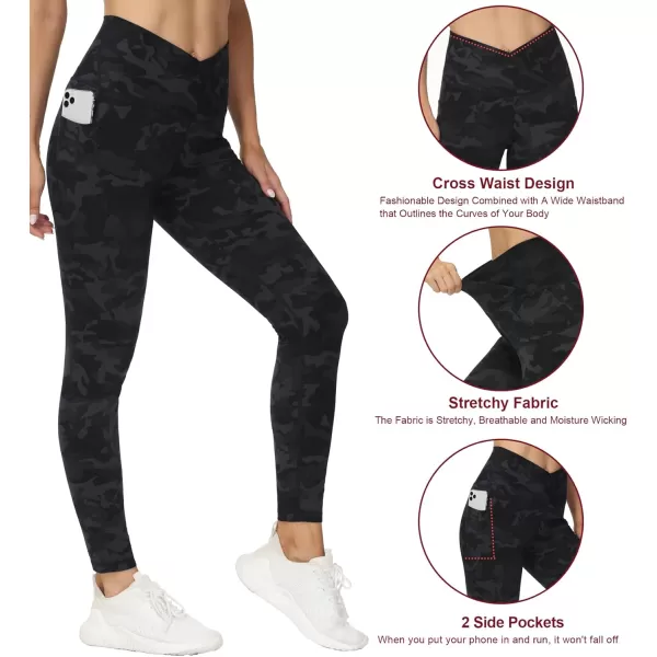 THE GYM PEOPLE Womens V Cross Waist Workout Leggings Tummy Control Running Yoga Pants with PocketsBlueDark GreyBlack