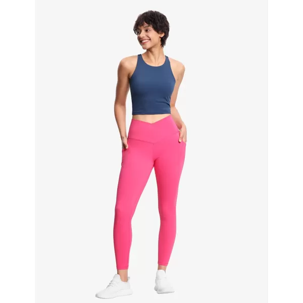 THE GYM PEOPLE Womens V Cross Waist Workout Leggings Tummy Control Running Yoga Pants with PocketsBright Pink