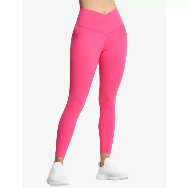 THE GYM PEOPLE Womens V Cross Waist Workout Leggings Tummy Control Running Yoga Pants with PocketsBright Pink