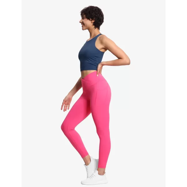 THE GYM PEOPLE Womens V Cross Waist Workout Leggings Tummy Control Running Yoga Pants with PocketsBright Pink