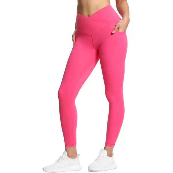 THE GYM PEOPLE Womens V Cross Waist Workout Leggings Tummy Control Running Yoga Pants with PocketsBright Pink