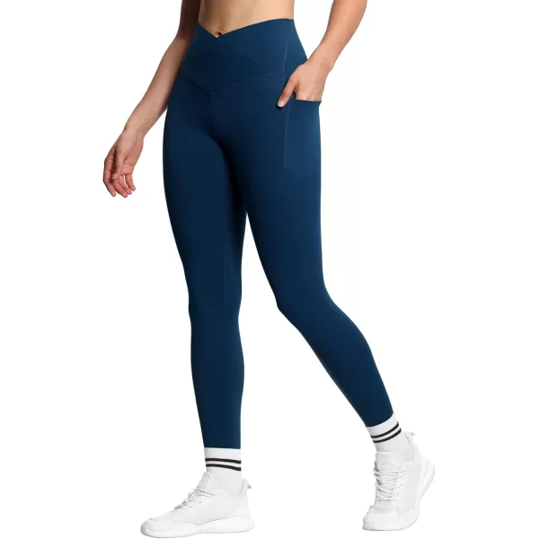 THE GYM PEOPLE Womens V Cross Waist Workout Leggings Tummy Control Running Yoga Pants with PocketsDark Blue Green