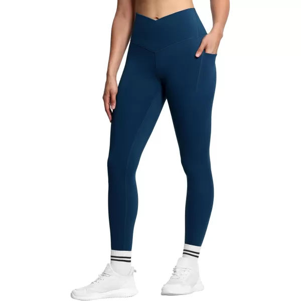 THE GYM PEOPLE Womens V Cross Waist Workout Leggings Tummy Control Running Yoga Pants with PocketsDark Blue Green