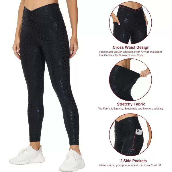 THE GYM PEOPLE Womens V Cross Waist Workout Leggings Tummy Control Running Yoga Pants with PocketsSilverBlack