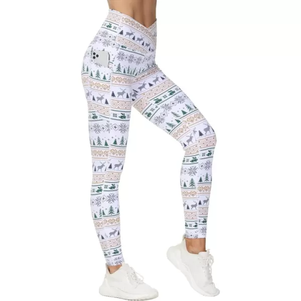 THE GYM PEOPLE Womens Cross Waist Workout Leggings Tummy Control High Waisted Athletic Yoga Pants with PocketsXmas Print White