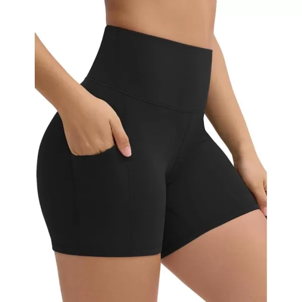 THE GYM PEOPLE Womens High Stretch Workout Shorts Tummy Control Running Biker Yoga Shorts with Side PocketsBlack