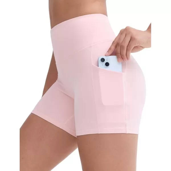 THE GYM PEOPLE Womens High Stretch Workout Shorts Tummy Control Running Biker Yoga Shorts with Side PocketsLight Pink