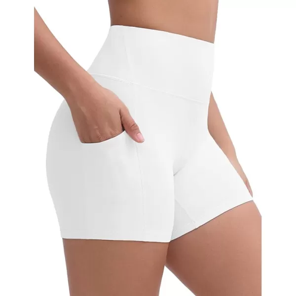 THE GYM PEOPLE Womens High Stretch Workout Shorts Tummy Control Running Biker Yoga Shorts with Side PocketsWhite