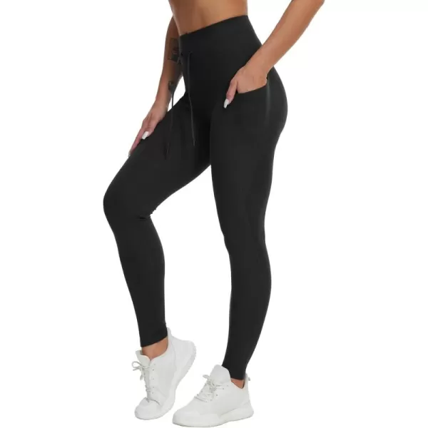 THE GYM PEOPLE Womens High Waist Drawstring Stretchy Workout Leggings Ultra Soft Tummy Control Yoga Pants with PocketsBlack