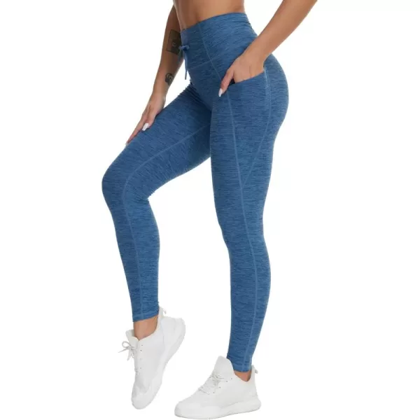 THE GYM PEOPLE Womens High Waist Drawstring Stretchy Workout Leggings Ultra Soft Tummy Control Yoga Pants with PocketsBlue Heather