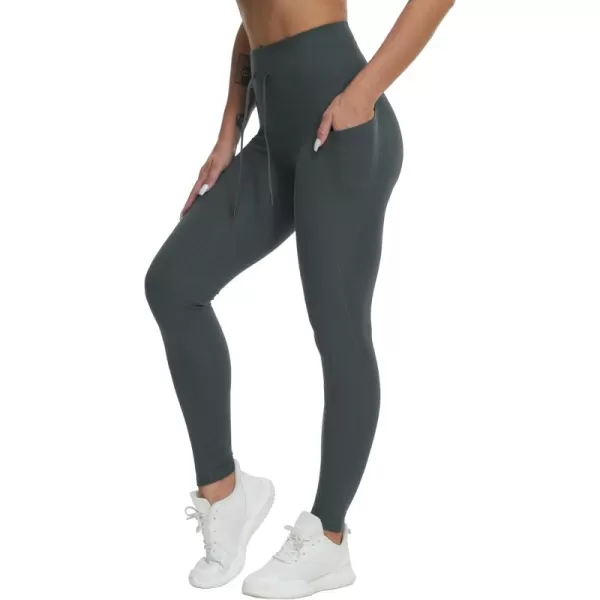 THE GYM PEOPLE Womens High Waist Drawstring Stretchy Workout Leggings Ultra Soft Tummy Control Yoga Pants with PocketsGrey