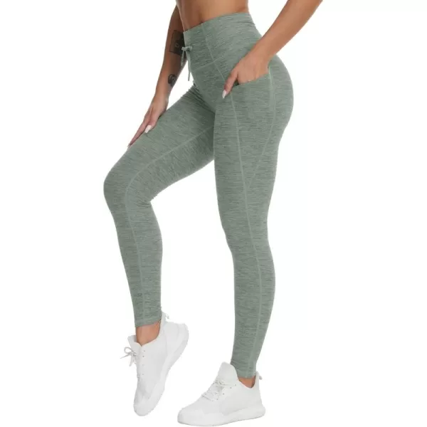 THE GYM PEOPLE Womens High Waist Drawstring Stretchy Workout Leggings Ultra Soft Tummy Control Yoga Pants with PocketsGrey Green Heather
