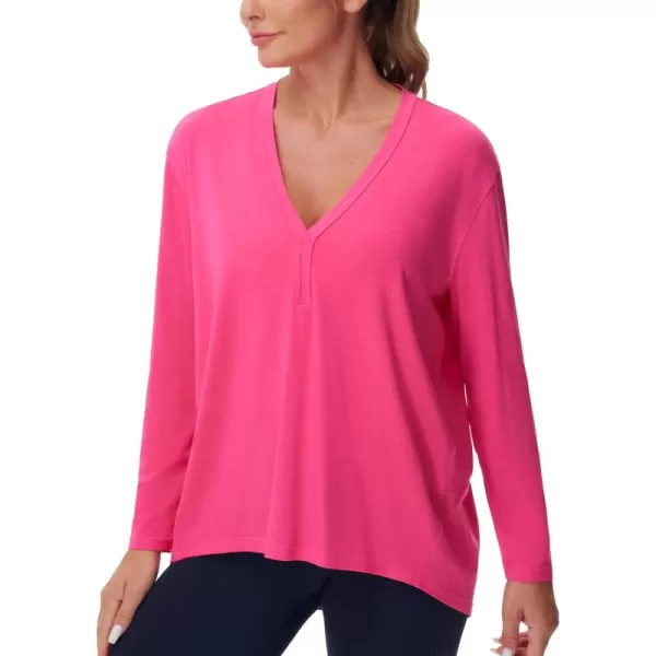 THE GYM PEOPLE Womens Long Sleeve Workout Shirts Loose Fit VNeck Running TShirts Tops with Thumb HoleBright Pink