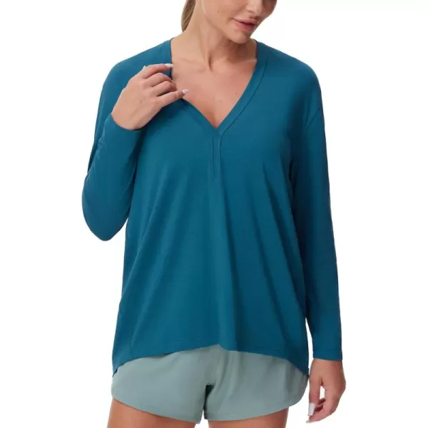 THE GYM PEOPLE Womens Long Sleeve Workout Shirts Loose Fit VNeck Running TShirts Tops with Thumb HoleDark Blue Green