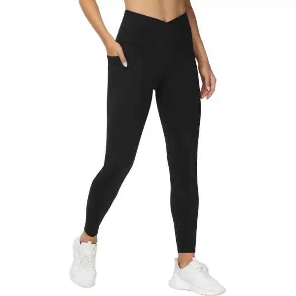 THE GYM PEOPLE Womens V Cross Waist Workout Leggings Tummy Control Running Yoga Pants with PocketsBlack