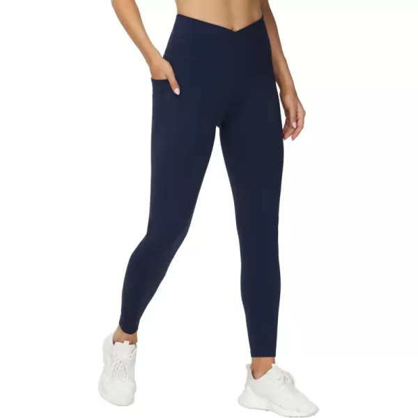 THE GYM PEOPLE Womens V Cross Waist Workout Leggings Tummy Control Running Yoga Pants with PocketsBlue