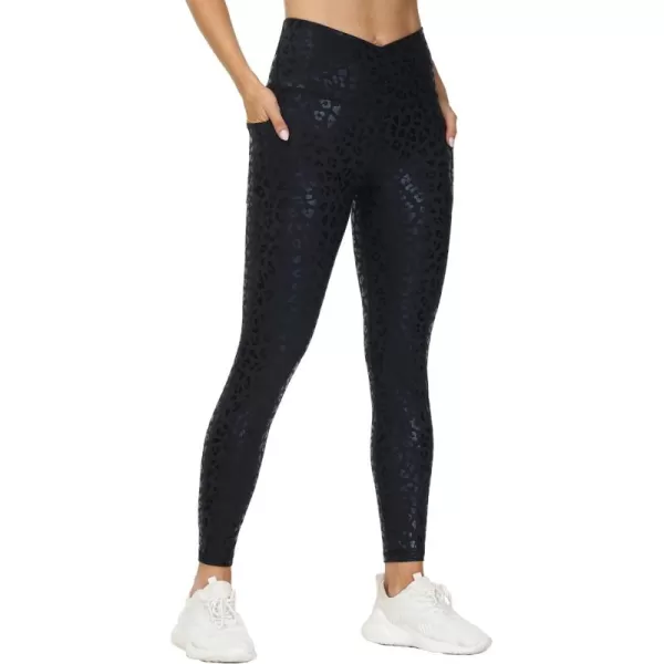 THE GYM PEOPLE Womens V Cross Waist Workout Leggings Tummy Control Running Yoga Pants with PocketsSilverBlack