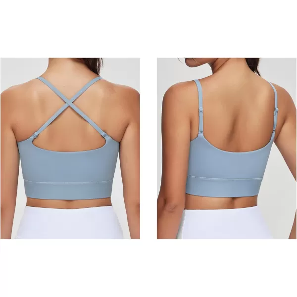 imageTHE GYM PEOPLE Womens Adjustable Longline Sports Bras Scoop Neck Padded Wireless Workout Yoga TopsDenim Blue