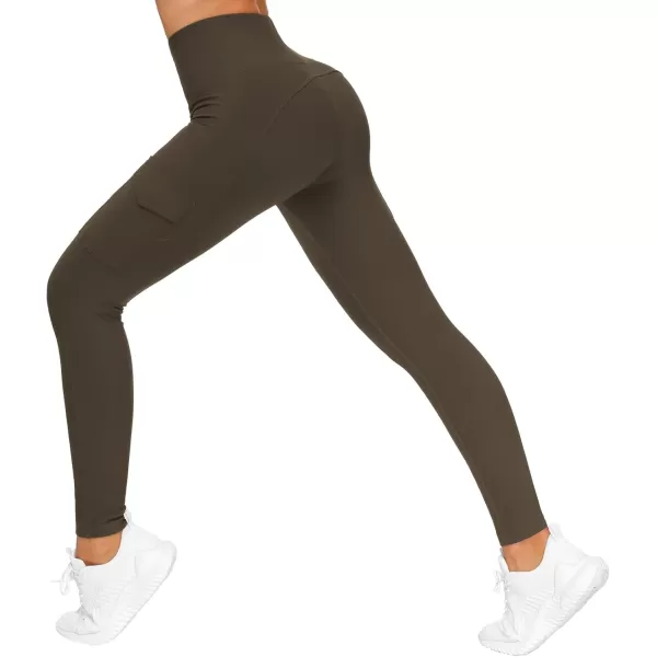imageTHE GYM PEOPLE Womens High Waist Yoga Pants with Pocket Tummy Control Hiking Leggings for Workout Running Dark Olive Large
