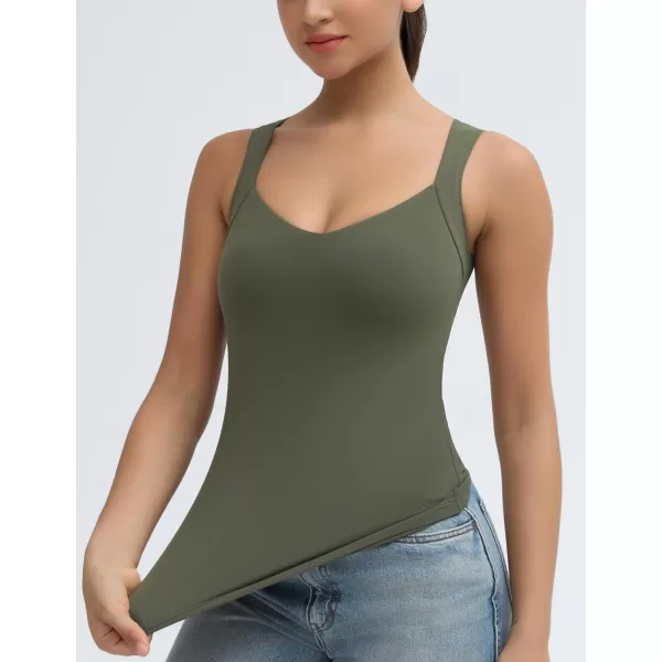 imageTHE GYM PEOPLE Womens Scoop Neck Workout Tank Tops Cute Double Layer Basic Sleeveless Slim fit ShirtsOlive Green
